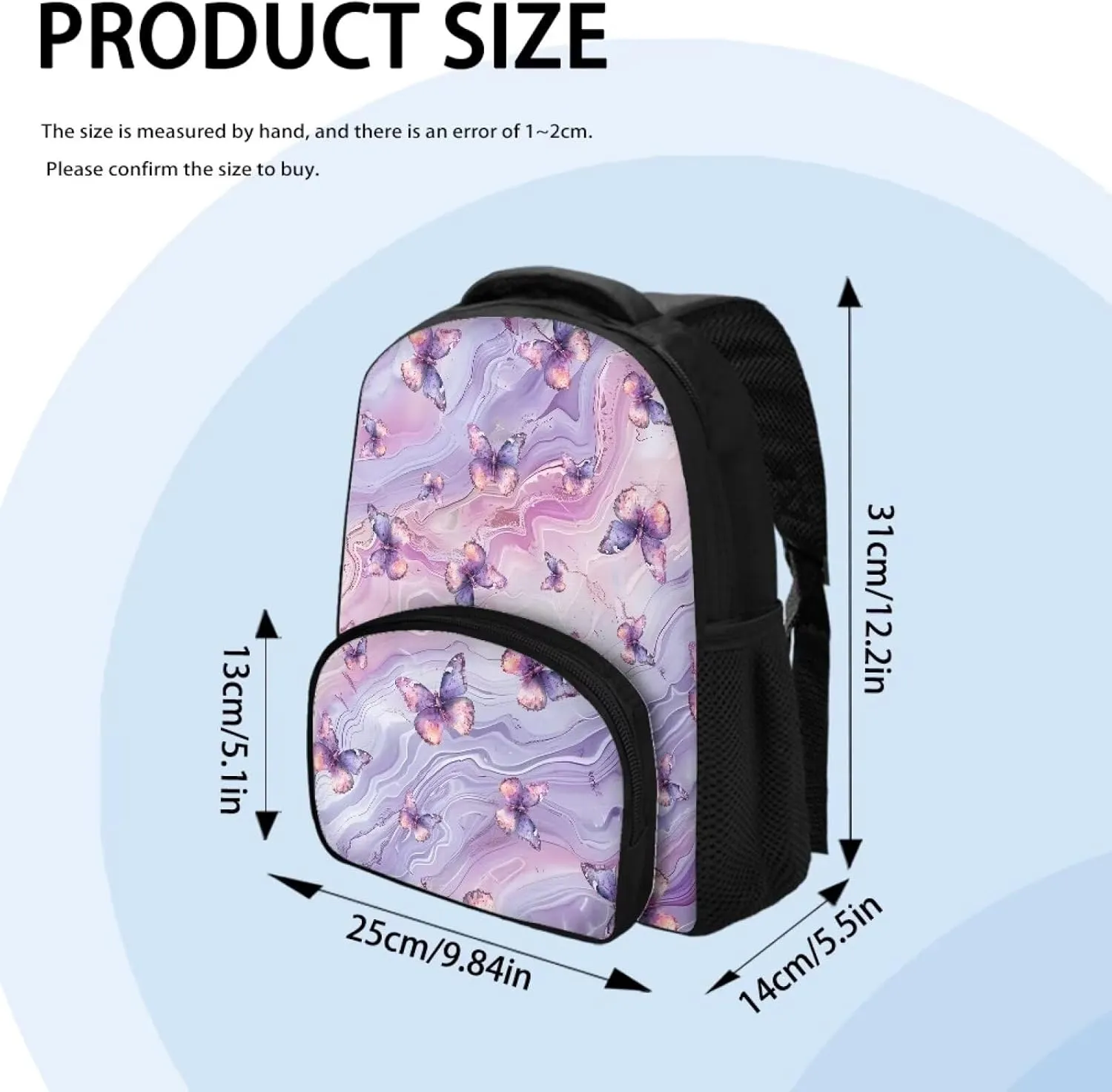 Purple Butterfly Backpack for Girls Tie Dye Quicksand Bookbag with Sturdy Shoulder Straps Lightweight School Bag for Daily Use Campus Travel Portable 12 Inch School Backpack Gifts