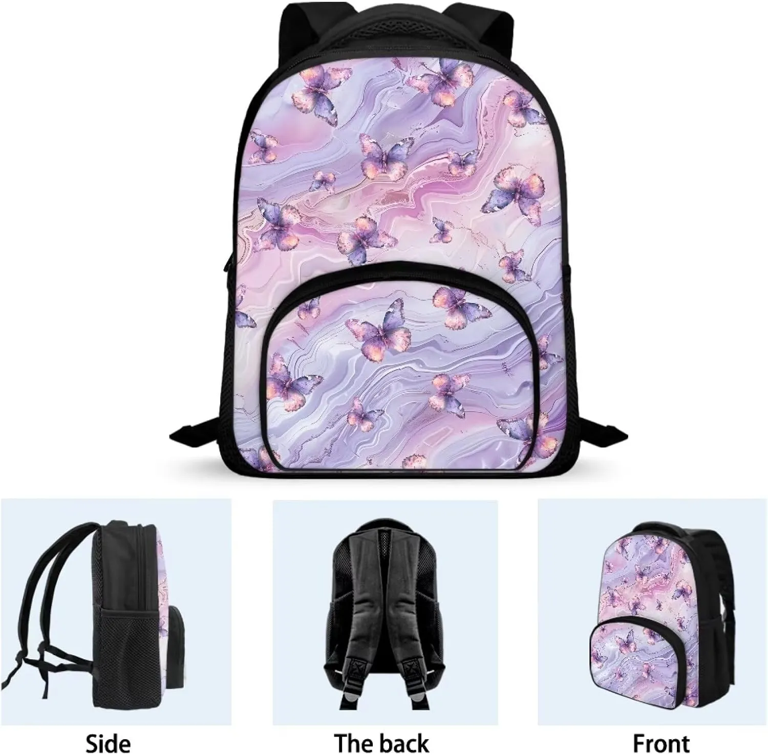 Purple Butterfly Backpack for Girls Tie Dye Quicksand Bookbag with Sturdy Shoulder Straps Lightweight School Bag for Daily Use Campus Travel Portable 12 Inch School Backpack Gifts