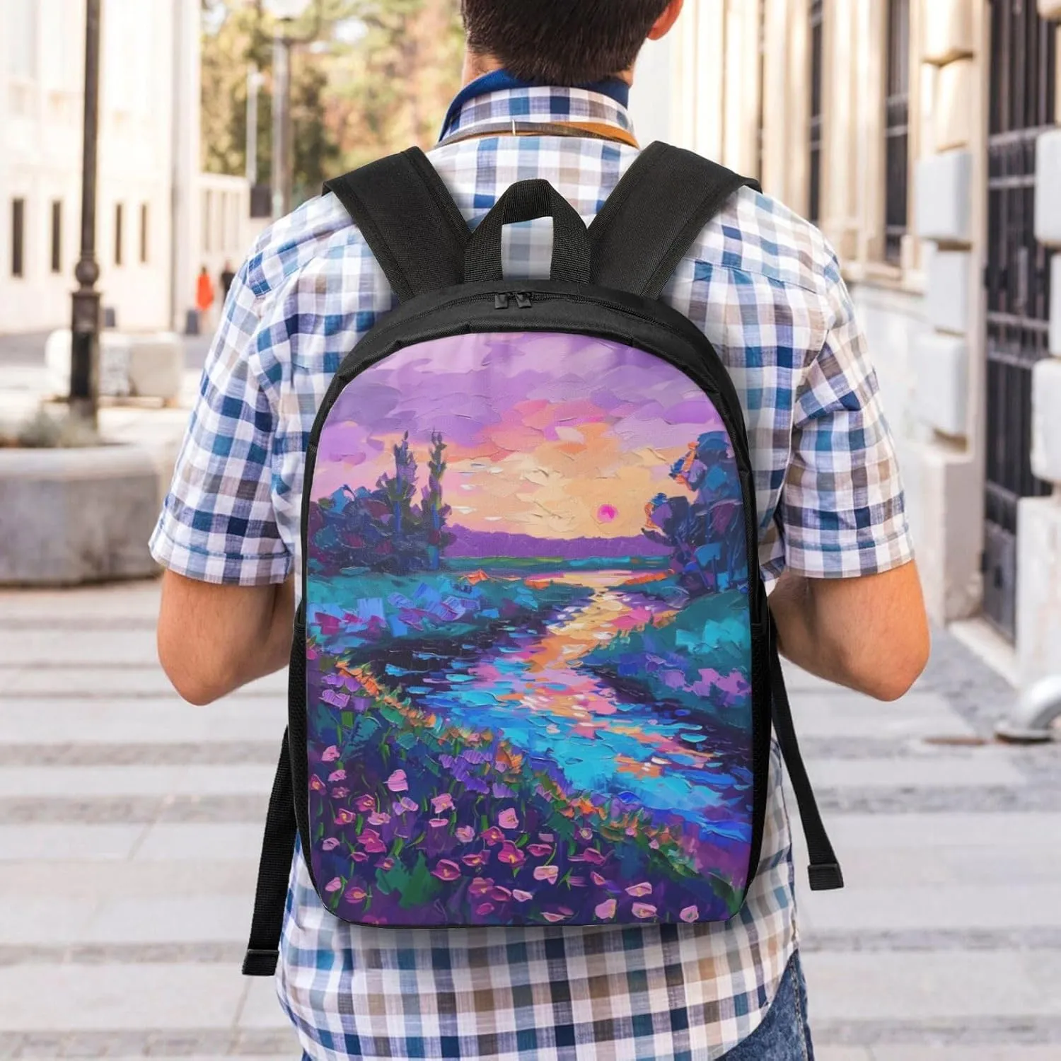 purple sunset green trees print Lightweight Casual Travel Backpack with Laptop Compartments for Women men