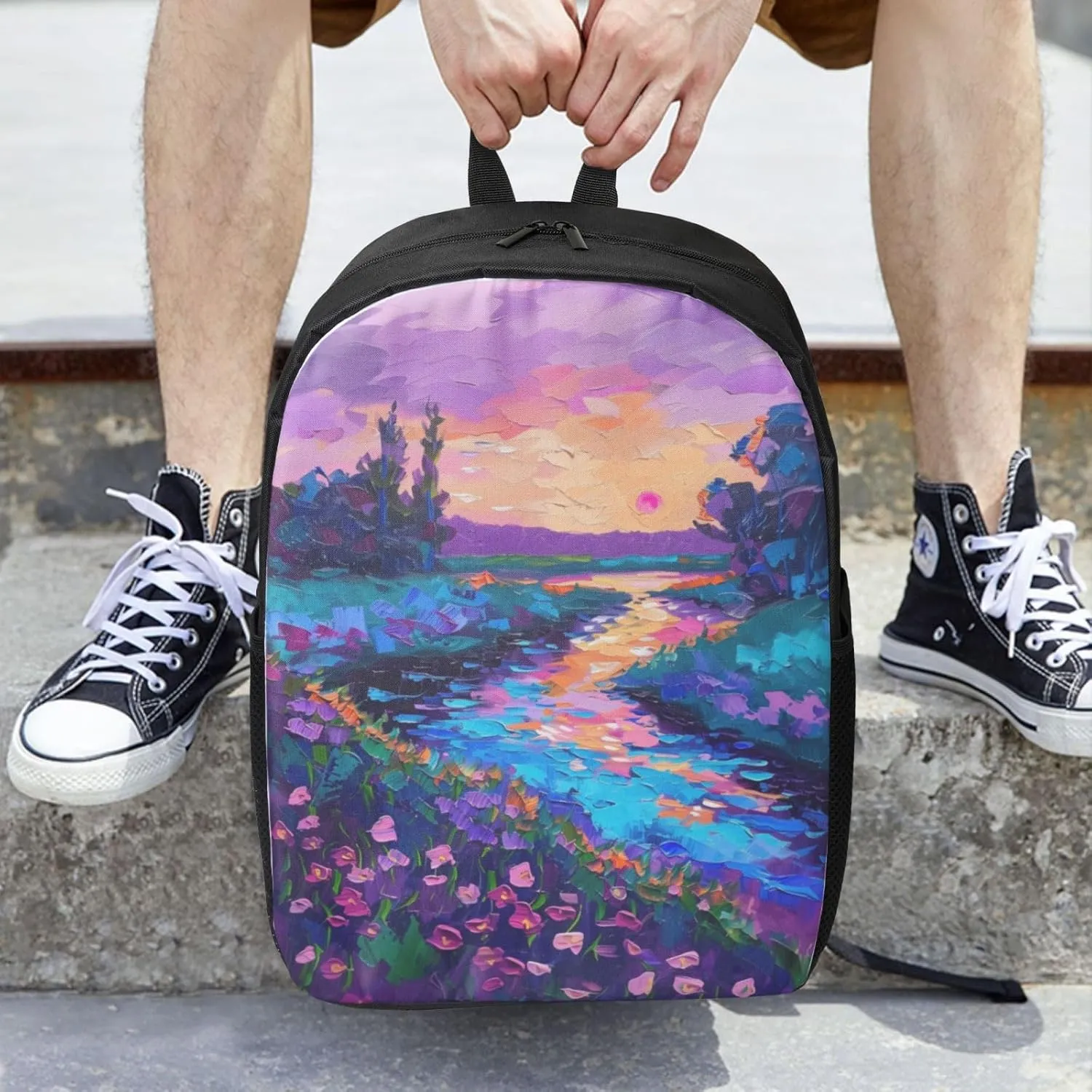 purple sunset green trees print Lightweight Casual Travel Backpack with Laptop Compartments for Women men