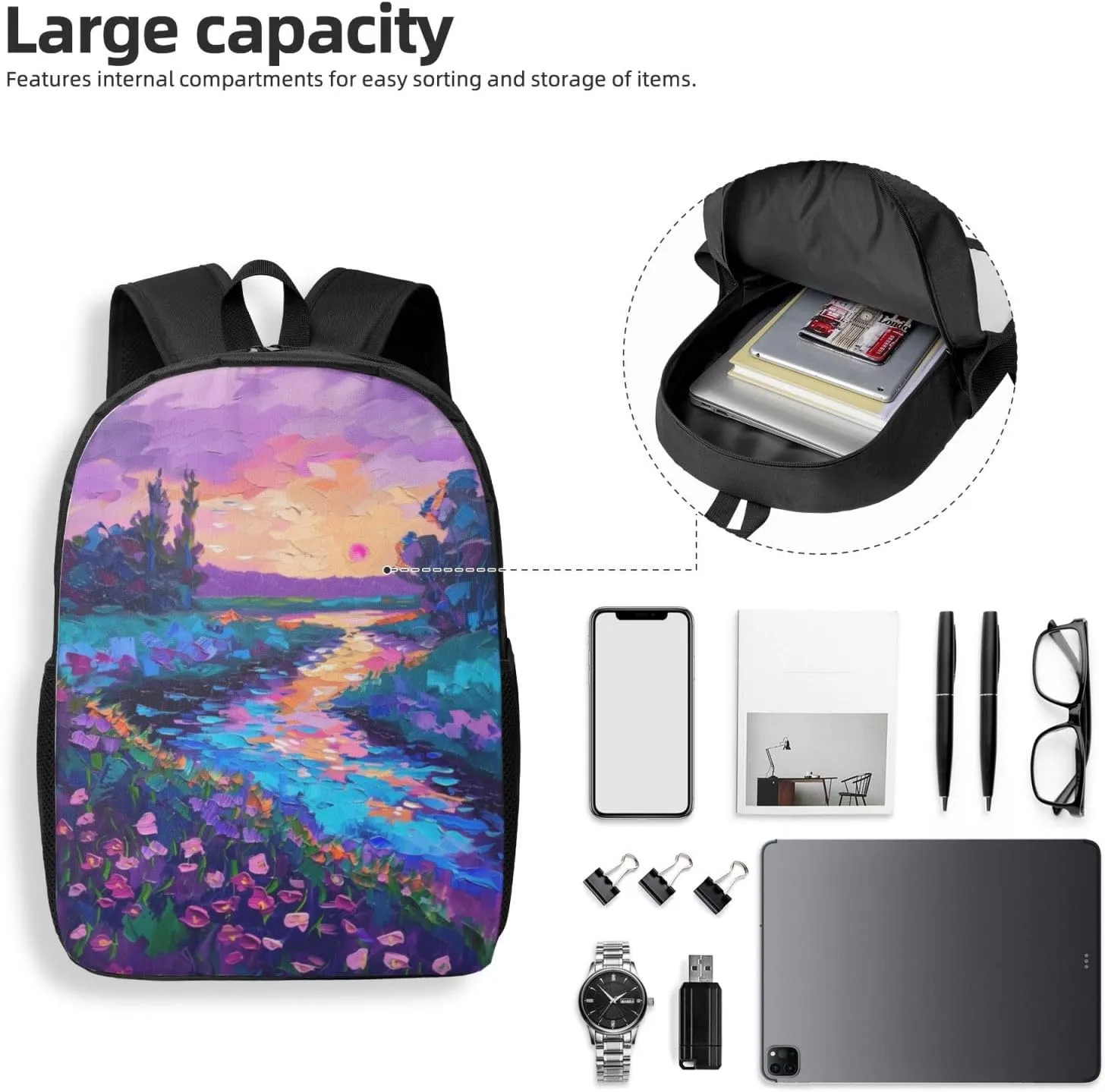 purple sunset green trees print Lightweight Casual Travel Backpack with Laptop Compartments for Women men