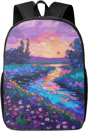 purple sunset green trees print Lightweight Casual Travel Backpack with Laptop Compartments for Women men