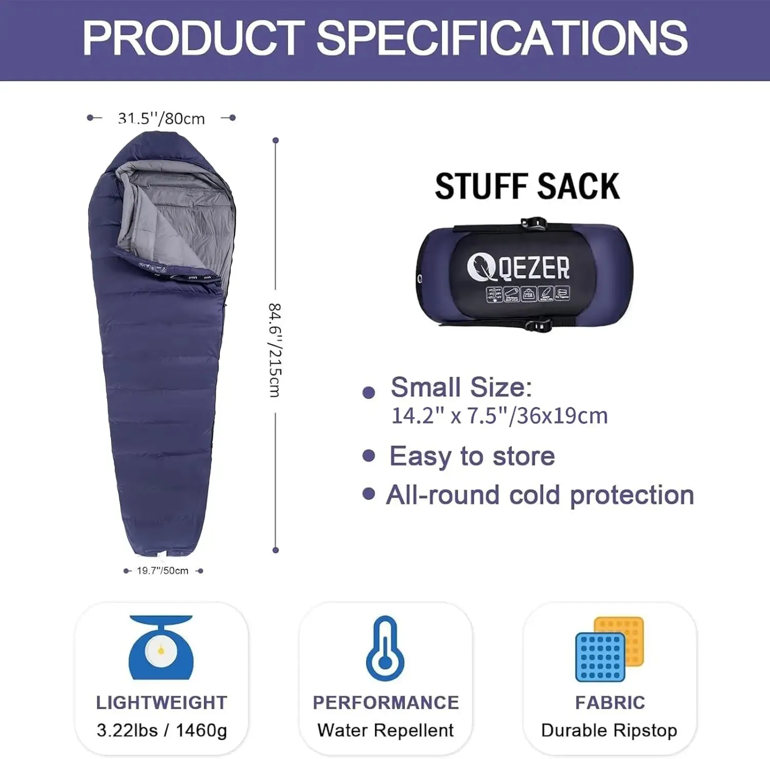 QEZER High Performance Sleeping Bag - Rated at 0°F (with Compression Sack)
