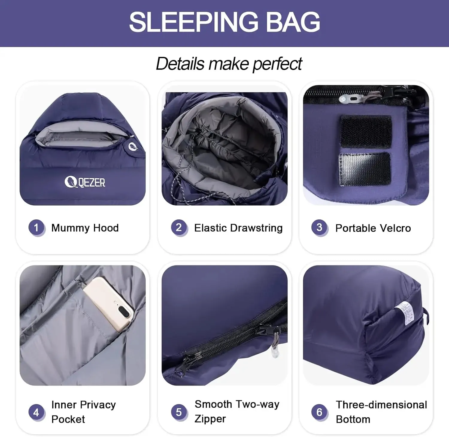 QEZER High Performance Sleeping Bag - Rated at 0°F (with Compression Sack)