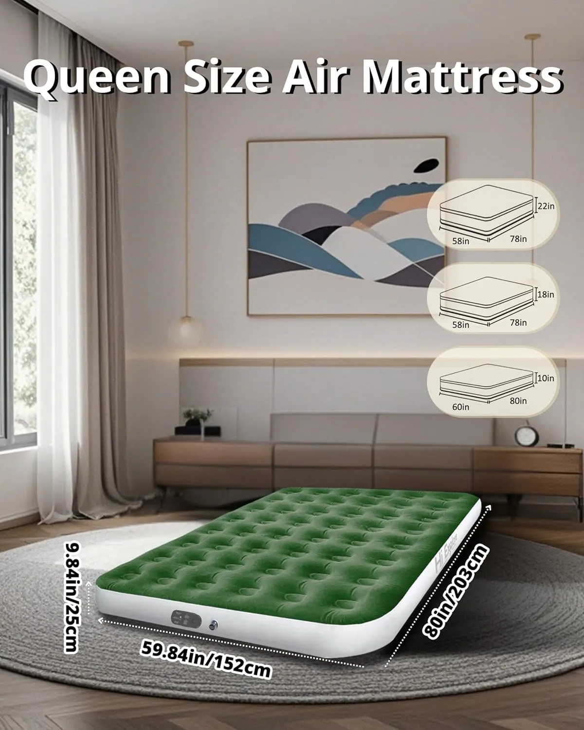 Queen Air Mattress with Built in Pump, with Comfort Plush, Inflatable Blow Up Mattress, for Home, Guests, Camping,Green, 10” Height