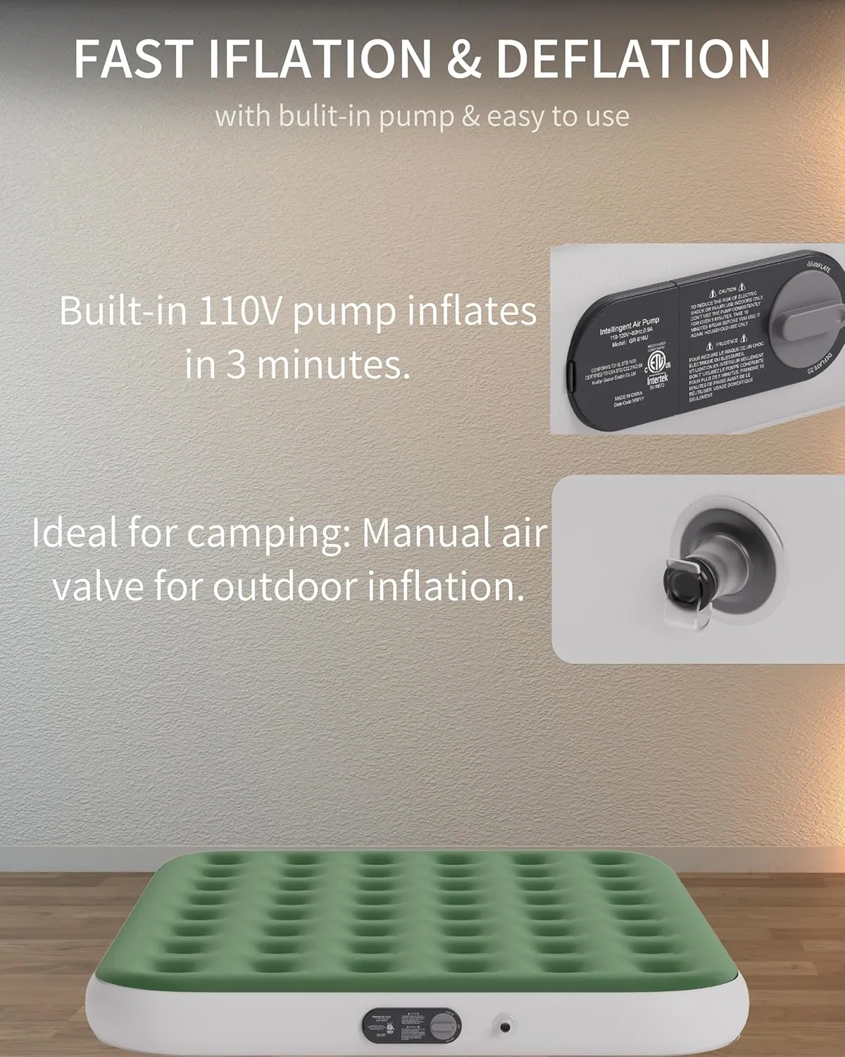 Queen Air Mattress with Built in Pump, with Comfort Plush, Inflatable Blow Up Mattress, for Home, Guests, Camping,Green, 10” Height