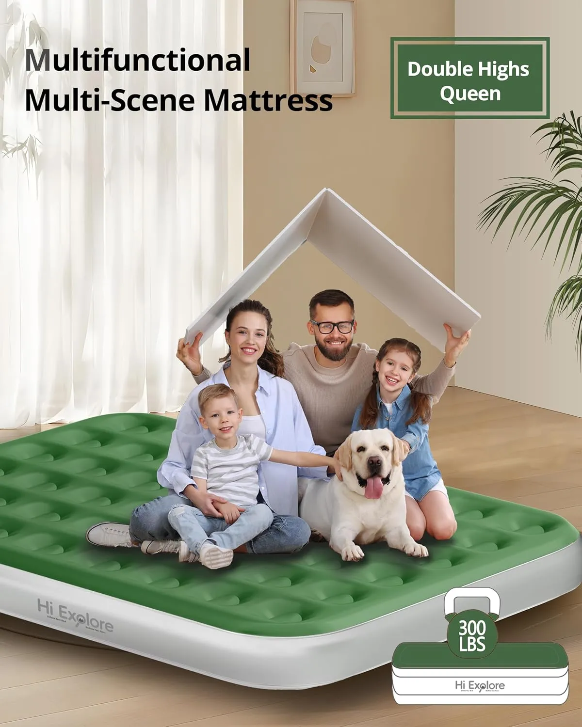 Queen Air Mattress with Built in Pump, with Comfort Plush, Inflatable Blow Up Mattress, for Home, Guests, Camping,Green, 10” Height