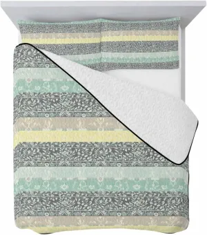 Quilt Set for Queen Bed, Retro Bohemian Flowers Stripe Lightweight Bedding Set Summer Cooling Blanket, Abstract Ethnic Pattern Soft Microfiber Coverlet Sets with Pillowcase
