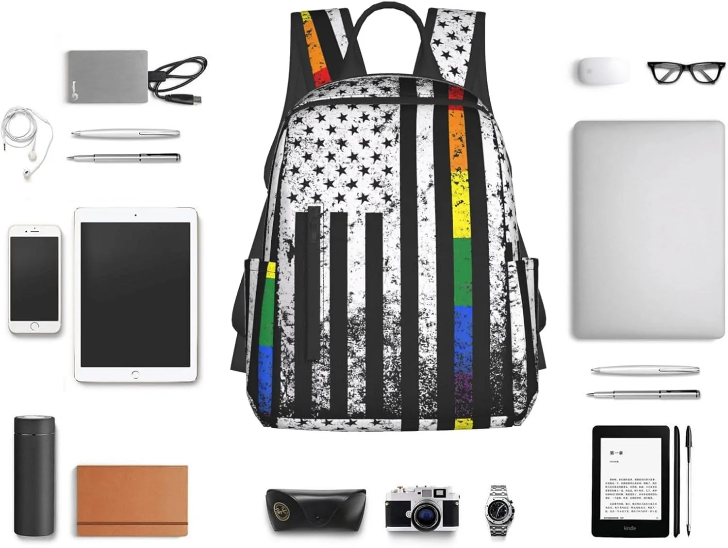 Rainbow LGBTQ Bisexual Loves American Flag Casual Backpacks Laptop Backpack Outdoor Travel Rucksack Sport Carry-On Daypack Lightweight Bag with Multi-Pockets