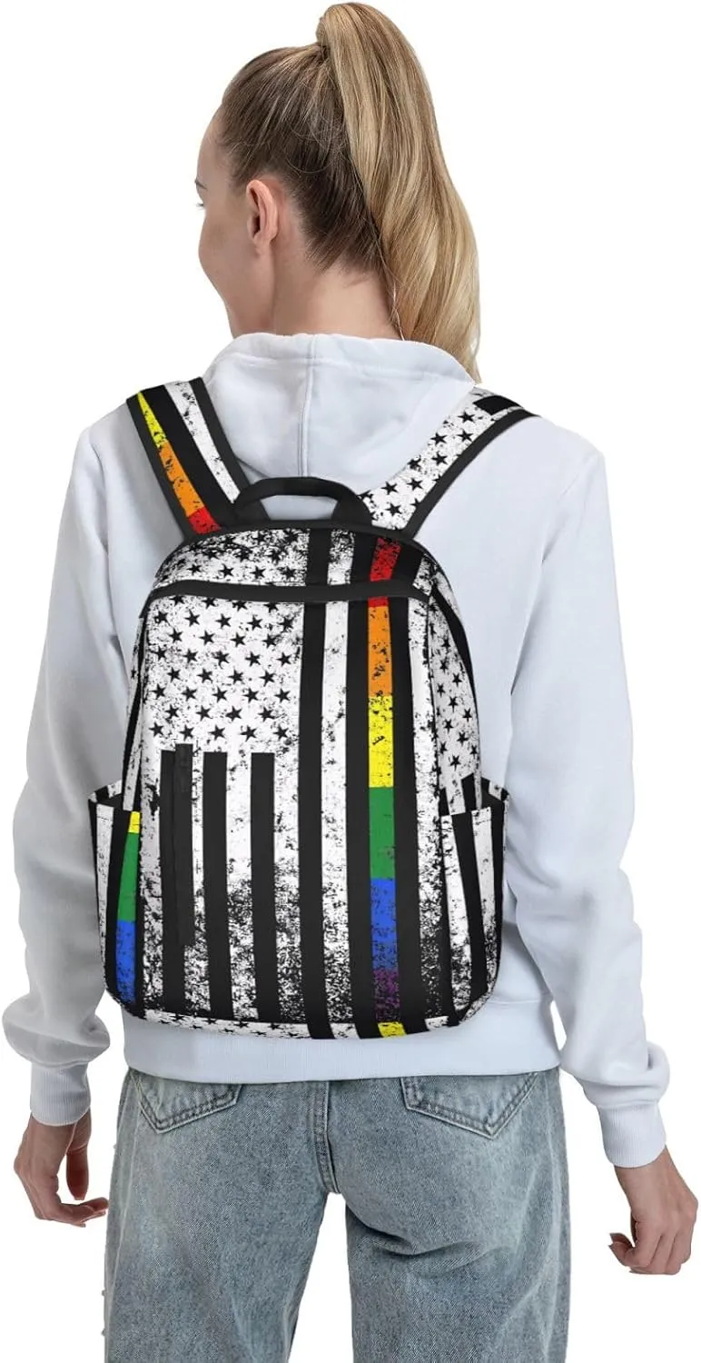 Rainbow LGBTQ Bisexual Loves American Flag Casual Backpacks Laptop Backpack Outdoor Travel Rucksack Sport Carry-On Daypack Lightweight Bag with Multi-Pockets