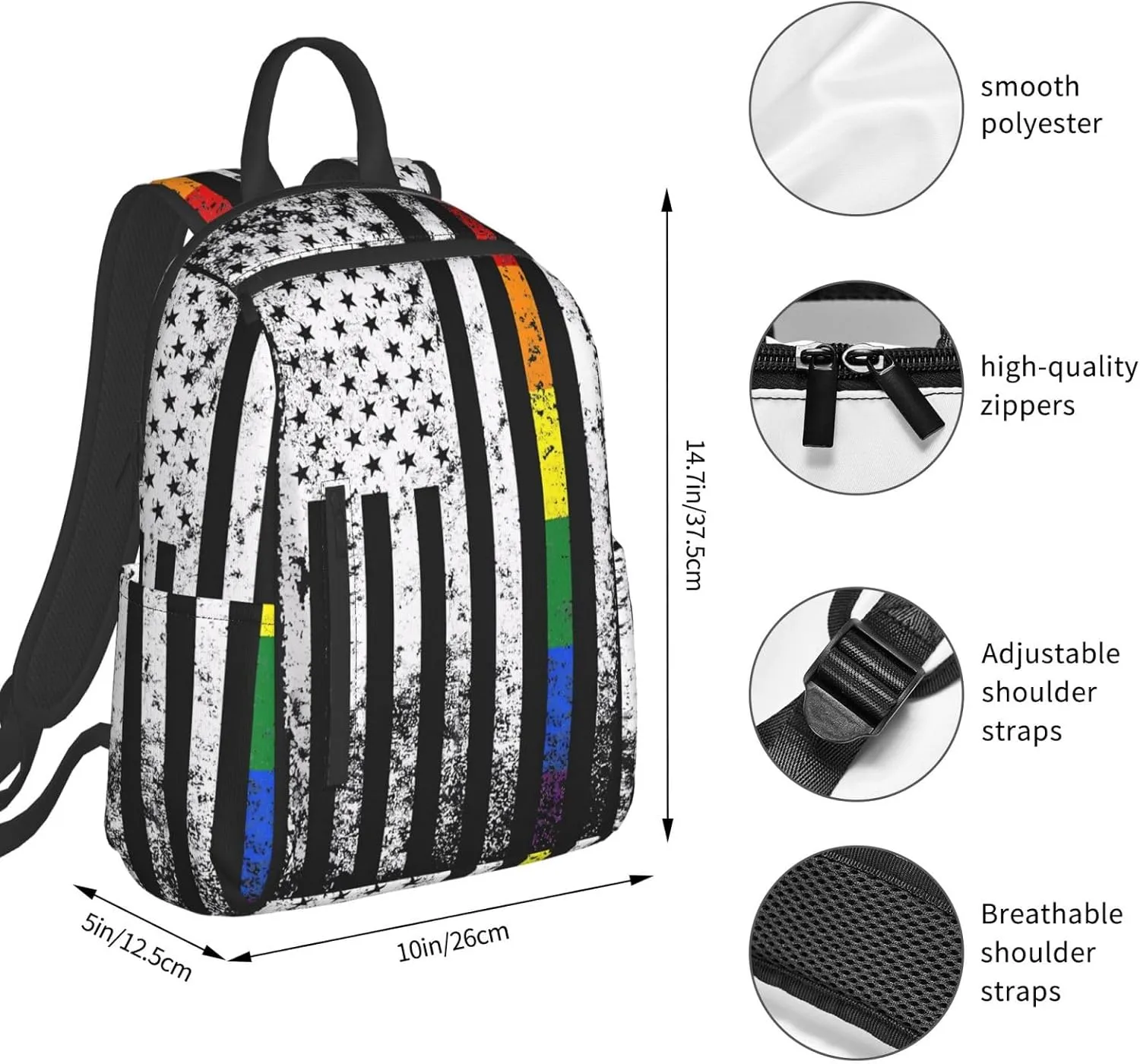Rainbow LGBTQ Bisexual Loves American Flag Casual Backpacks Laptop Backpack Outdoor Travel Rucksack Sport Carry-On Daypack Lightweight Bag with Multi-Pockets