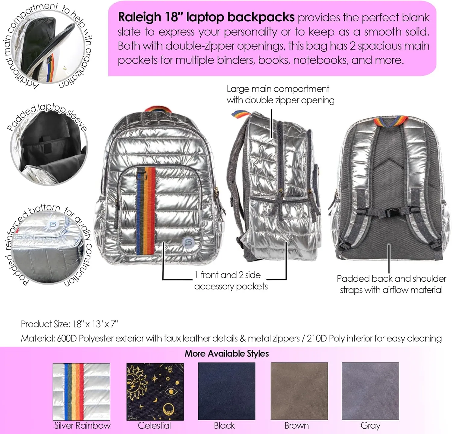 RALEIGH 18" Celestial Backpack, BAZIC x SYDNEY Fashion Backpack Shoulder Bag Casual Travel Bag Hiking Daypack