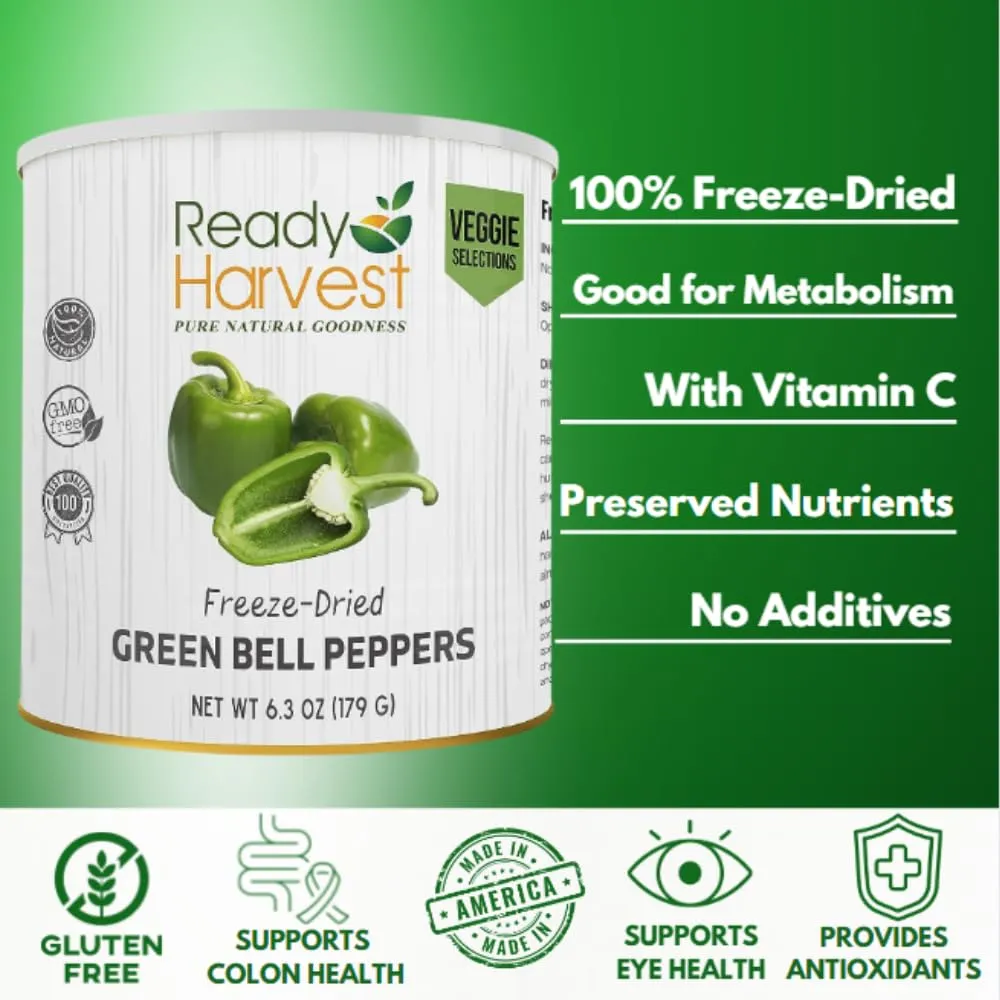 Ready Harvest Green Bell Pepper Freeze-Dried Freeze Dried Vegetables Pantry Staples Survival Emergency Supply Canned Vegetables Survival Food 25-Year Shelf Life #10 Can 6.3oz