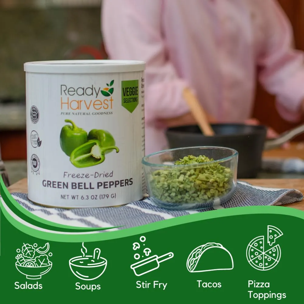 Ready Harvest Green Bell Pepper Freeze-Dried Freeze Dried Vegetables Pantry Staples Survival Emergency Supply Canned Vegetables Survival Food 25-Year Shelf Life #10 Can 6.3oz