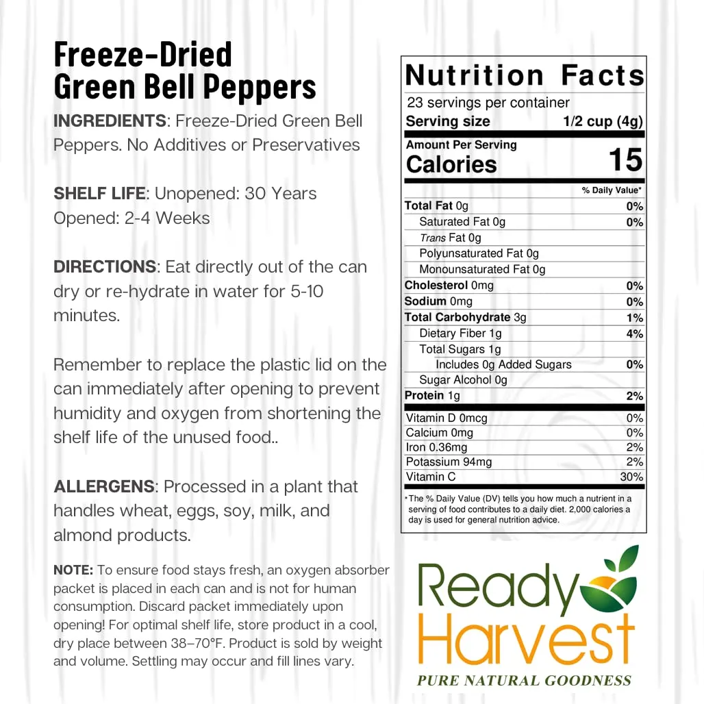 Ready Harvest Green Bell Pepper Freeze-Dried Freeze Dried Vegetables Pantry Staples Survival Emergency Supply Canned Vegetables Survival Food 25-Year Shelf Life #10 Can 6.3oz