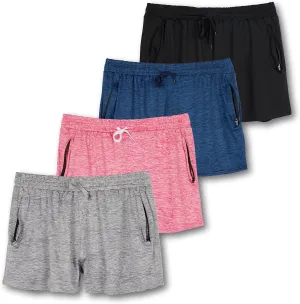 Real Essentials 4 Pack: Womens Athletic Dry-Fit Lounge Shorts with Zipper Pockets (Available in Plus Size)