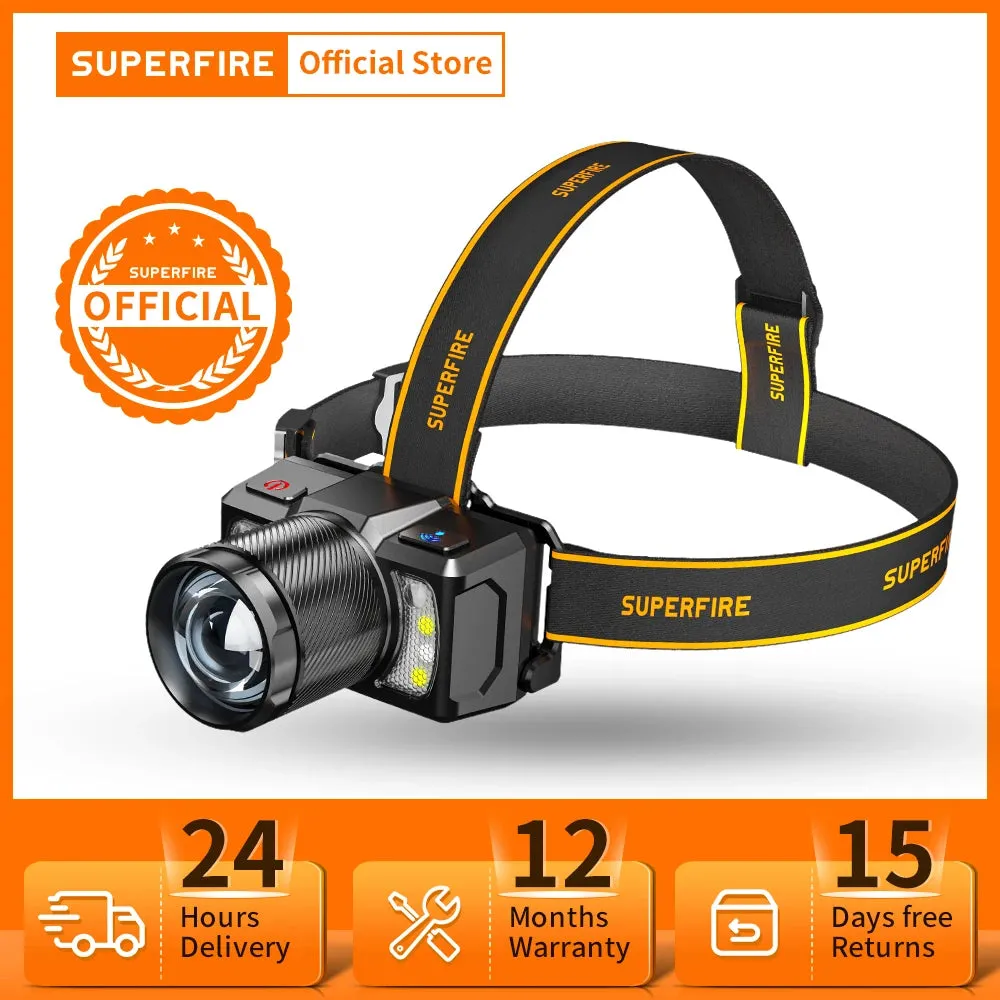 Rechargeable Cob Led Sensor Headlamp 15W USB-C Zoomable Waterproof Lantern for Fishing & Camping