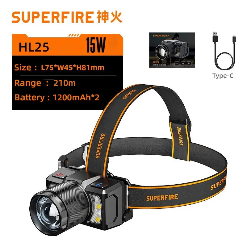 Rechargeable Cob Led Sensor Headlamp 15W USB-C Zoomable Waterproof Lantern for Fishing & Camping