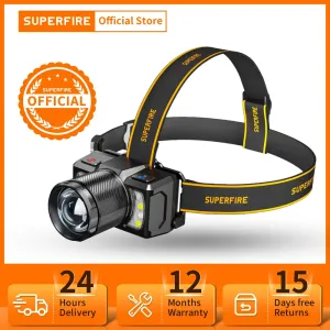 Rechargeable Cob Led Sensor Headlamp 15W USB-C Zoomable Waterproof Lantern for Fishing & Camping
