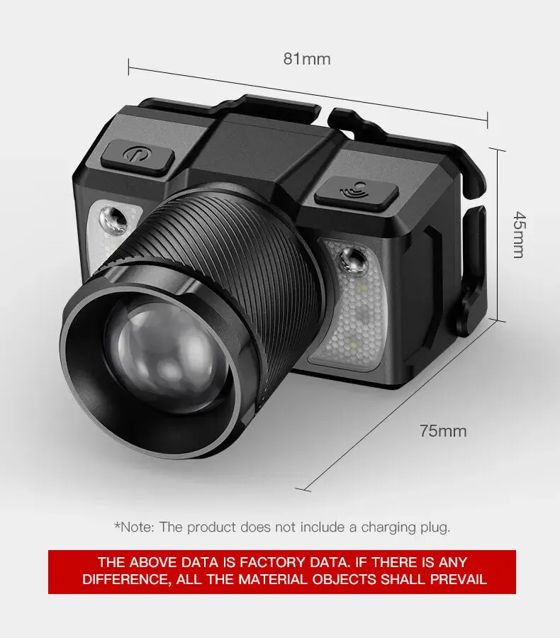 Rechargeable Cob Led Sensor Headlamp 15W USB-C Zoomable Waterproof Lantern for Fishing & Camping