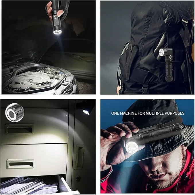 Rechargeable Glare Flashlights 900 Lumens, with Steel Clip & Headband 90 Degree LED Angle Flash Light, 3 Mode Tactical Flashlight, with Magnetic Tail Cover, Suitable for Camping Riding Garage Work