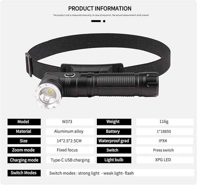 Rechargeable Glare Flashlights 900 Lumens, with Steel Clip & Headband 90 Degree LED Angle Flash Light, 3 Mode Tactical Flashlight, with Magnetic Tail Cover, Suitable for Camping Riding Garage Work