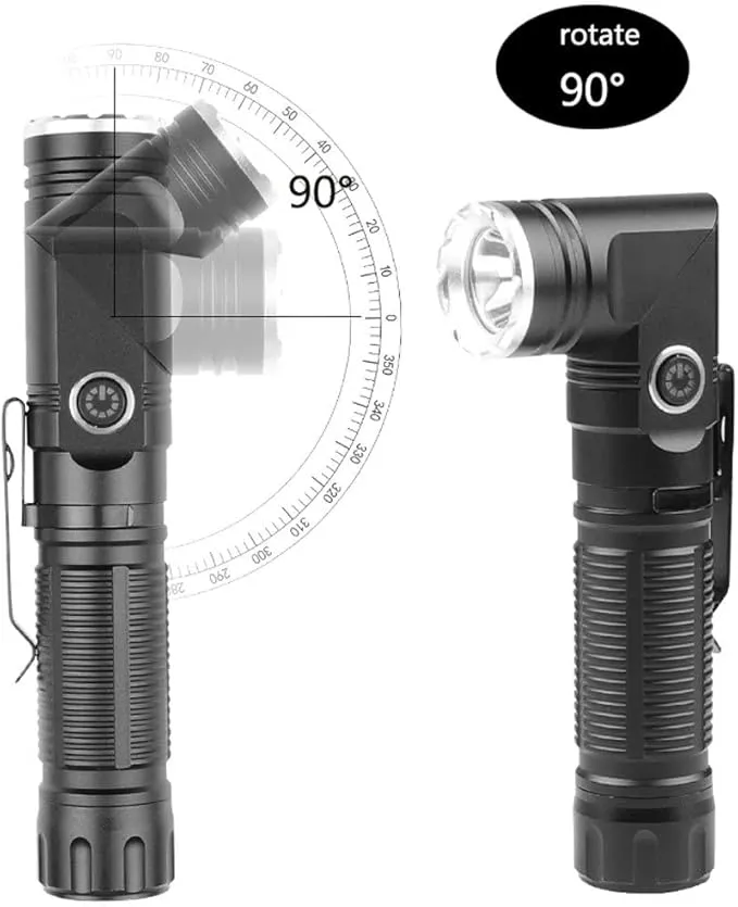 Rechargeable Glare Flashlights 900 Lumens, with Steel Clip & Headband 90 Degree LED Angle Flash Light, 3 Mode Tactical Flashlight, with Magnetic Tail Cover, Suitable for Camping Riding Garage Work