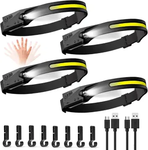 Rechargeable Headlamp - 4 Pack Super Bright 350 Lumen with 5 Light Mode LED Headlamp 230°llumination Lampe Frontale | IPX4 Waterproof Lightweight COB Headlight for Camping | Running | Fishing