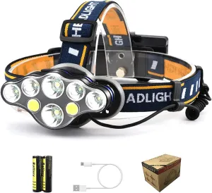 Rechargeable Headlamp, 8 LED 18000 Lumen Headlamp with 1 USB Cable and 2 Batteries, USB Rechargeable Super Bright Adjustable Waterproof Head Torch for Fishing Camping Running Cycling Hiking