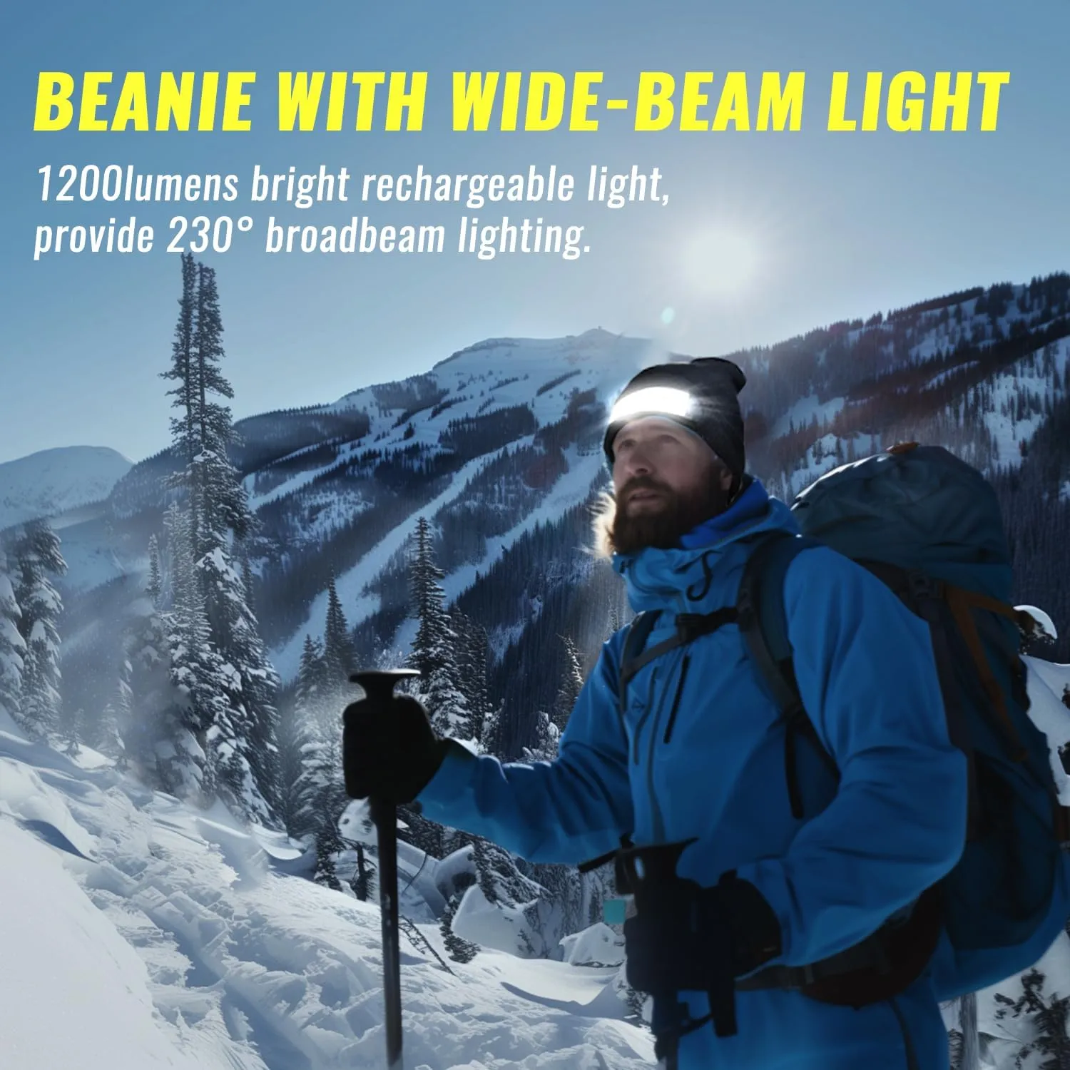 Rechargeable Headlamp Beanie, 1200Lumens LED Beanie Hat with Wide Beam Light Built-in, 6 Modes, Lightweight, Winter Headlight Head Lamp Beanie, Gifts for Men Dad Father Husband(Black)