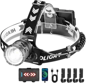 Rechargeable Headlamp High Lumens&Long Beam, Super Bright Head lamp with Red Warning Light, Zoomable Waterproof Headlight for Hiking Hunting Camping, Adult Hardhat/Helmet Light