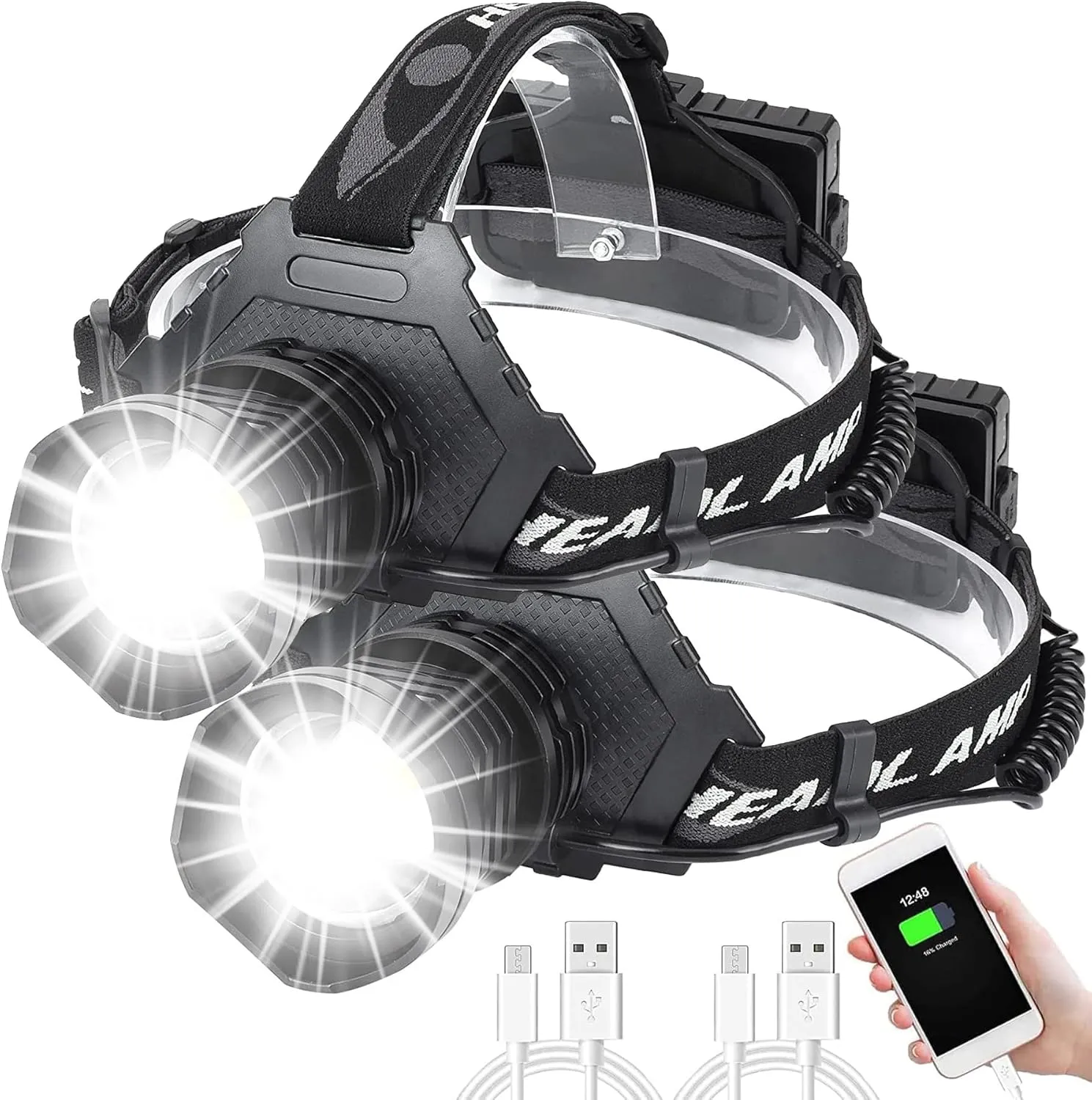 Rechargeable Headlamp LED Super Bright XHP70 Hard Hat Light 20000Lumens with Helmet Clips,Zoomable 5 Modes Output Function Professional Headlamp for Camping Outdoor Hiking Working
