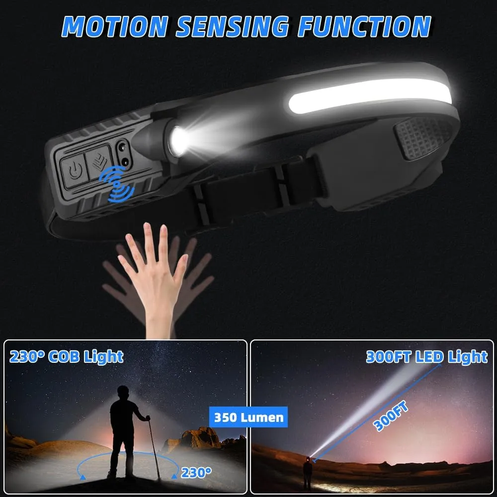 Rechargeable Headlamp with 2 Spotlights, 3Pack LED Headlamp, 230° Wide Beam Head Lamp, Motion Sensor Headlight, 5Mode Head Lights for Forehead Waterproof, Headlamps for Adults Hard Hat Running Camping