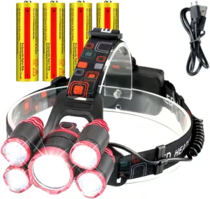 Rechargeable Headlamp,5 LED 15000 Lumen 4 Modes Zoomable Red Headlight Waterproof Adjustable Safety Light for Adults Outdoor Camping Hiking Working