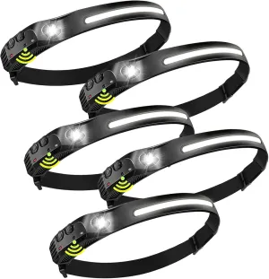 Rechargeable Headlamps 5PCS,2000mAh Battery Powered Head Lamps LED Rechargeable,5 Mode Headlamp for Adults,Motion Sensor Head Lights for Forehead,Hard hat Light,Camping Headlamps
