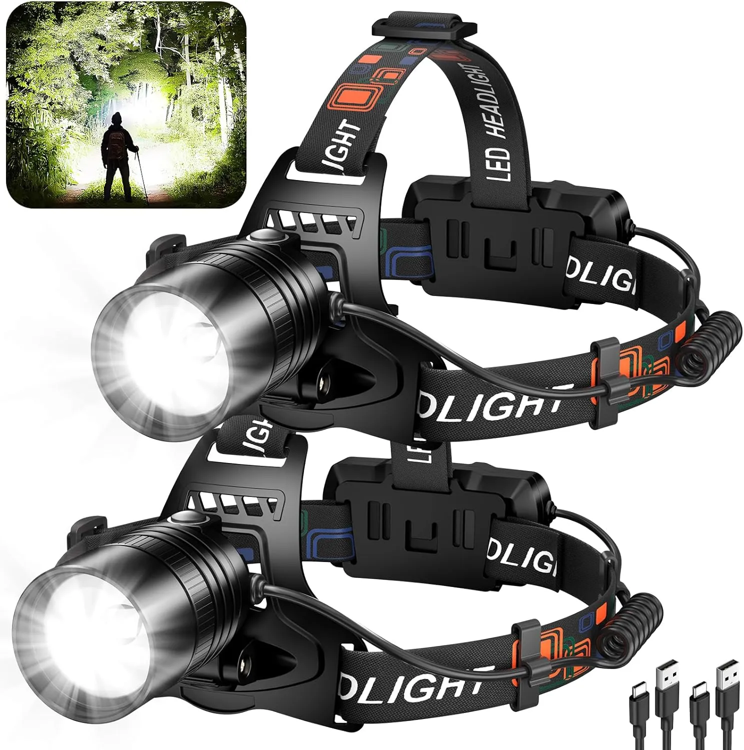 Rechargeable Led Headlamp 2Pack, 3000 Lumen Super Bright Head Lamp with 3 Modes & 12H Long Runtime, Brightest Headlamp 90° Adjustable, Powerful Waterproof Headlamps for Adults Camping