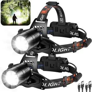 Rechargeable Led Headlamp 2Pack, 3000 Lumen Super Bright Head Lamp with 3 Modes & 12H Long Runtime, Brightest Headlamp 90° Adjustable, Powerful Waterproof Headlamps for Adults Camping