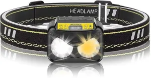 Rechargeable LED Headlamp Flashlight, Motion Sensor Head Lamp, Waterproof, Bright White Led & Blue Light for Running, Camping, Hiking & More