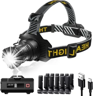 Rechargeable LED Headlamp, Ultra-Bright 990,000 Lumens, 9 Modes, Motion Sensor, Zoom, 60H Runtime, Energy-Saving Design, IP67 Waterproof, 90° Adjustable for Camping, Hiking, and Hard Hat Applications
