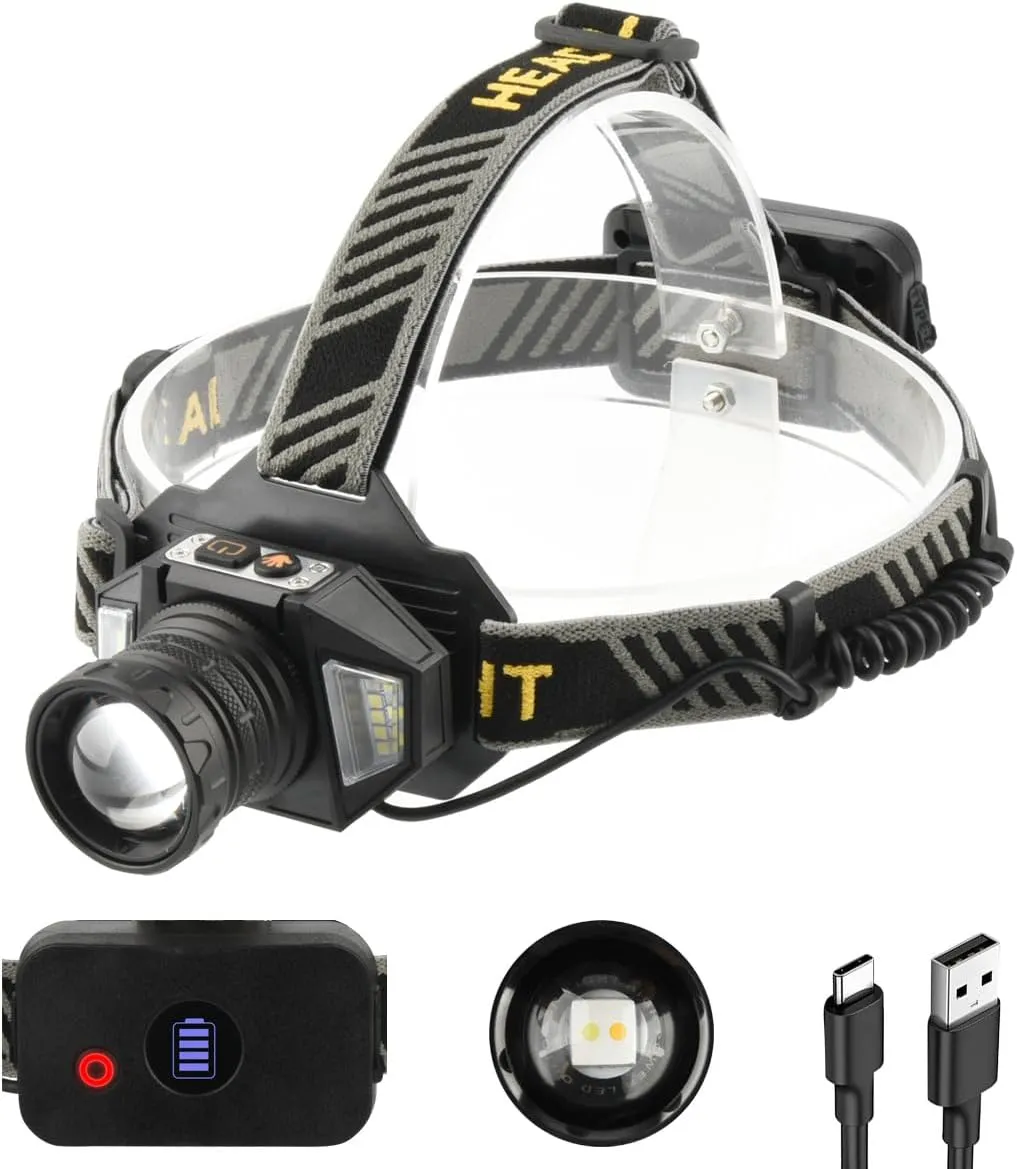 Rechargeable LED Headlamp with Long Battery Life, Dual Light Modes, Waterproof, Ultra-Bright, Motion Sensor, Perfect for Fishing, Camping, and Hiking (Single Battery)