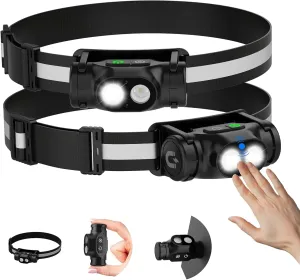Rechargeable Running Headlamp, 1500 Lumens Bright Head Lamp Led with Motion Sensor, 4 Modes, Magnet, Detachable Flashlight & Headband for Adult, Outdoor, Emergency, Hard Hat Light 2PC