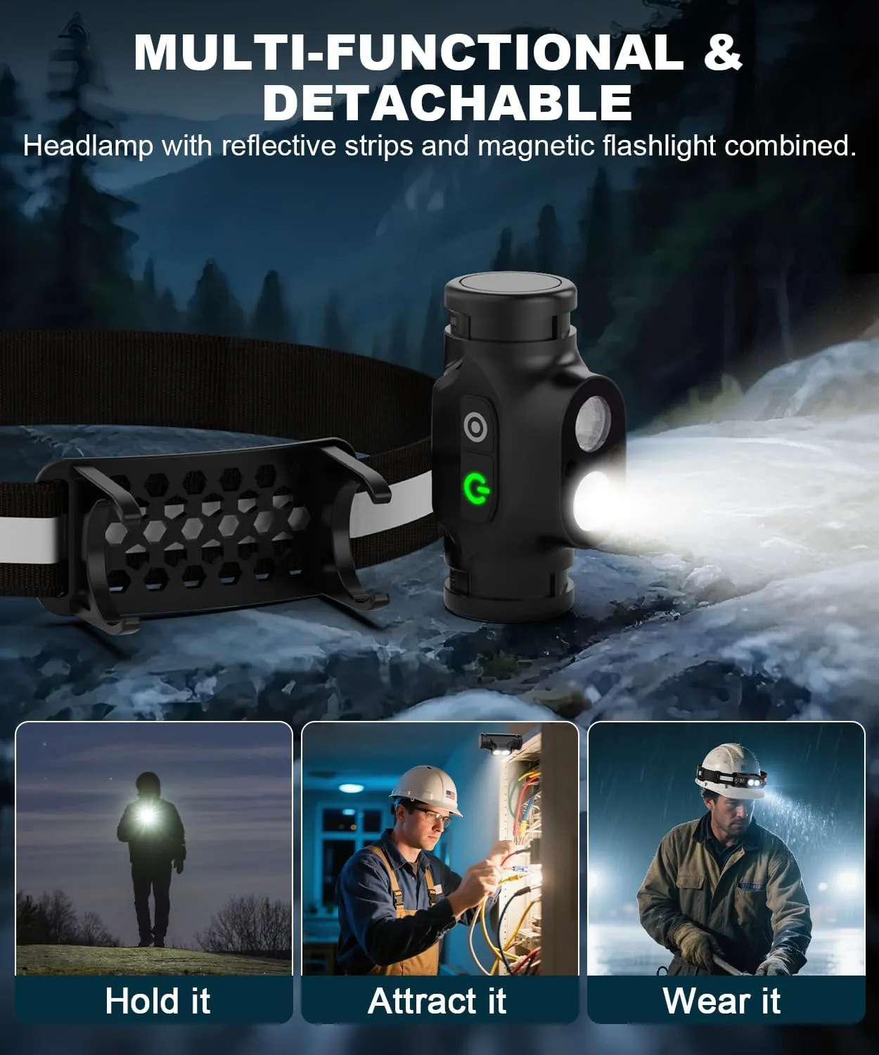 Rechargeable Running Headlamp, 1500 Lumens Bright Head Lamp Led with Motion Sensor, 4 Modes, Magnet, Detachable Flashlight & Headband for Adult, Outdoor, Emergency, Hard Hat Light 2PC