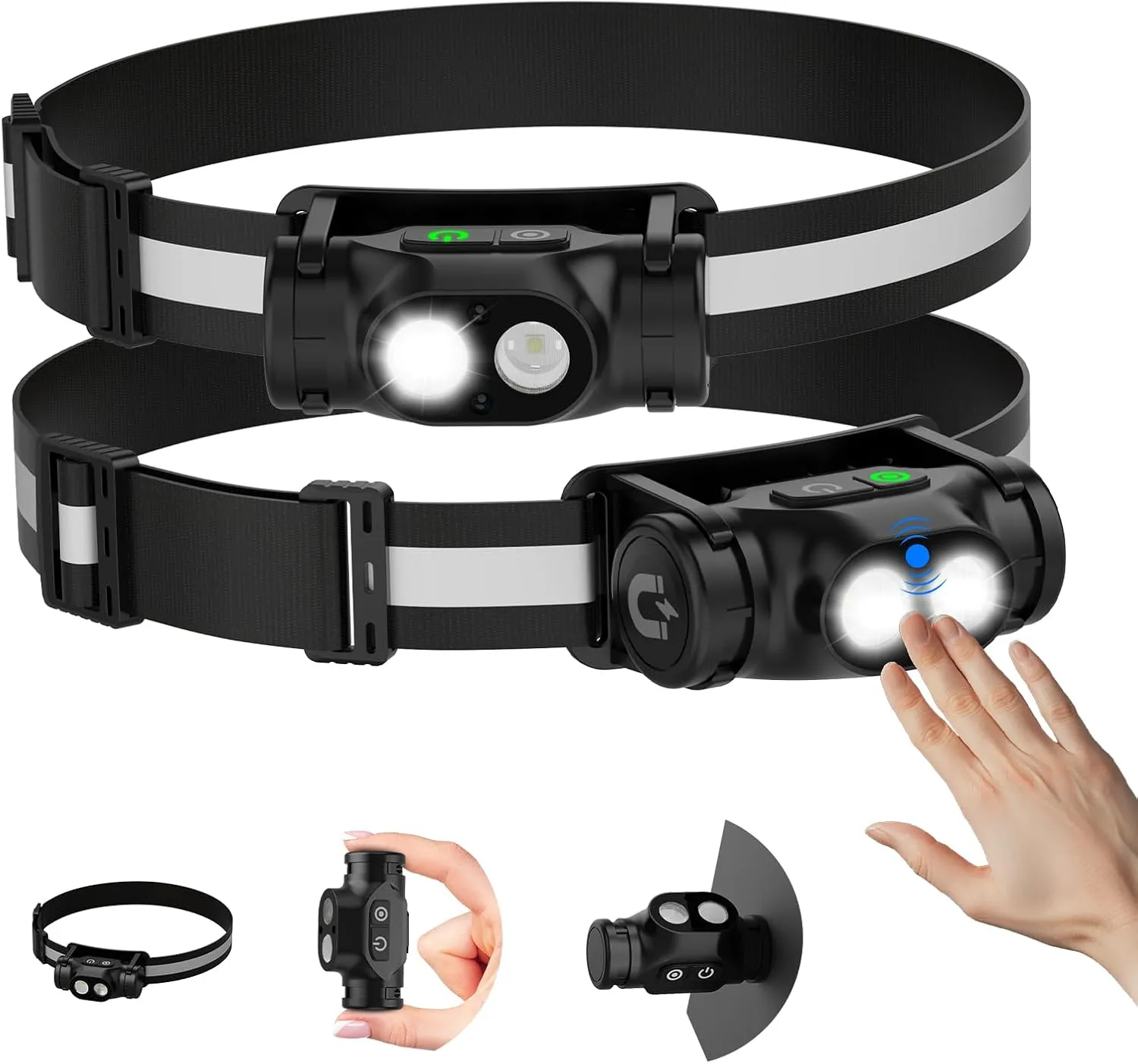 Rechargeable Running Headlamp, 1500 Lumens Bright Head Lamp Led with Motion Sensor, 4 Modes, Magnet, Detachable Flashlight & Headband for Adult, Outdoor, Emergency, Hard Hat Light 2PC