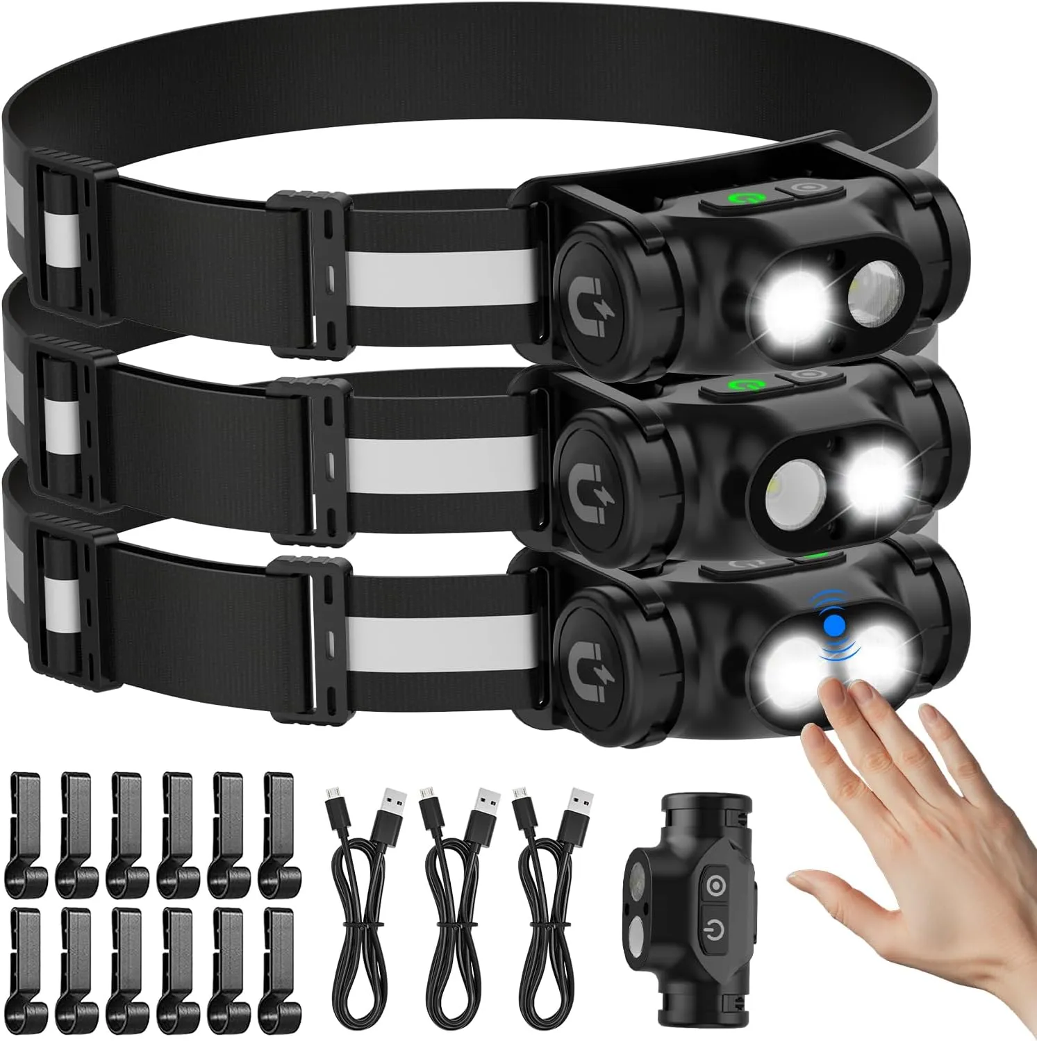 Rechargeable Running Headlamp, 1500 Lumens Bright Head Lamp Led with Motion Sensor, 4 Modes, Magnet, Detachable Flashlight & Headband for Adult, Outdoor, Emergency, Hard Hat Light 3PC