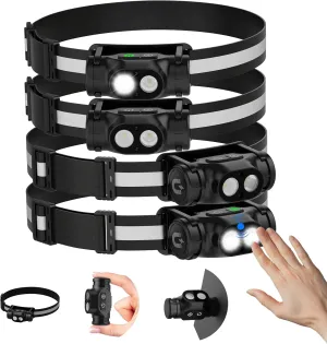Rechargeable Running Headlamp, 1500 Lumens Bright Head Lamp Led with Motion Sensor, 4 Modes, Magnet, Detachable Flashlight & Headband for Adult, Outdoor, Emergency, Hard Hat Light 4PC