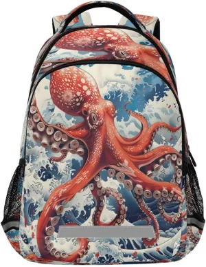 Red Octopus Design Waterproof Backpack - Casual Outdoor Sports Daypack with Ergonomic Shoulder Straps#897