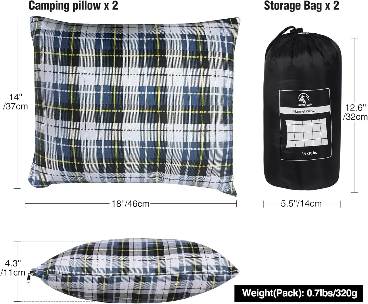 REDCAMP Small Camping Pillow Lightweight and Compressible, 2PCS Flannel Travel Pillow with Removable Pillow Cover
