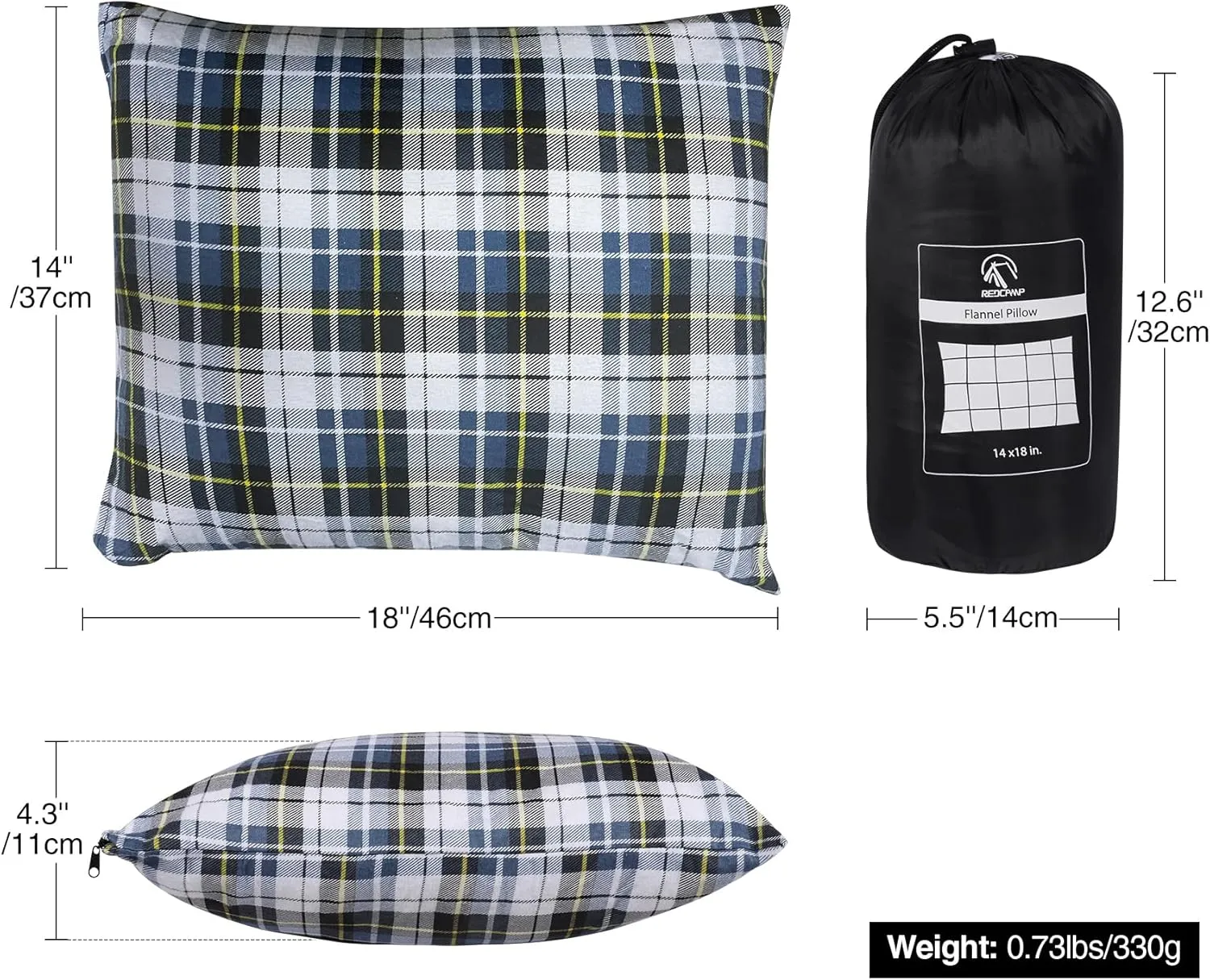 REDCAMP Small Camping Pillow Lightweight and Compressible, Flannel Travel Pillow with Removable Pillow Cover (Square Blue and Grey)