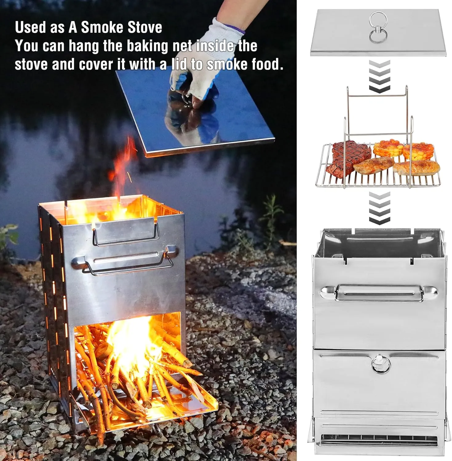 REDCAMP Wood Burning Folding Camp Stove Stainless Steel Grill, Extra High Portable Collapsible Backpacking Stove Survival Rocket Stove for Hiking Outdoor Tent Camping Picnic BBQ, Large