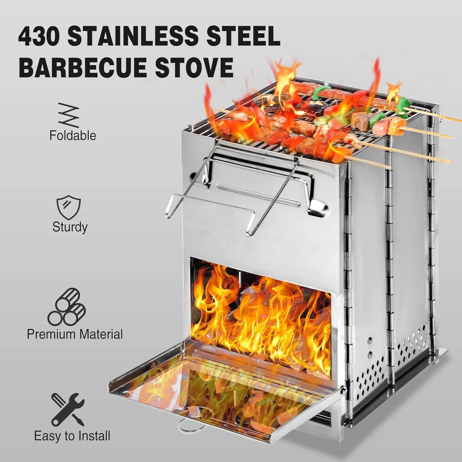 REDCAMP Wood Burning Folding Camp Stove Stainless Steel Grill, Extra High Portable Collapsible Backpacking Stove Survival Rocket Stove for Hiking Outdoor Tent Camping Picnic BBQ, Large